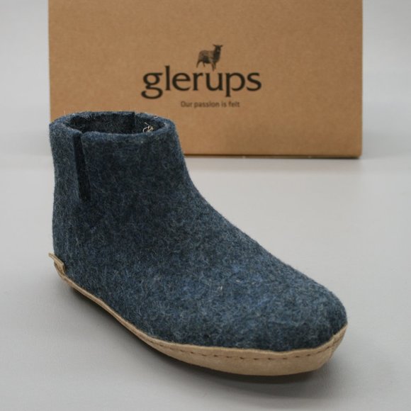 Glerups Ladies 35 (5) Denim Leather Sole Slippers 100% Wool Slip-on Ankle Boots - Picture 1 of 11